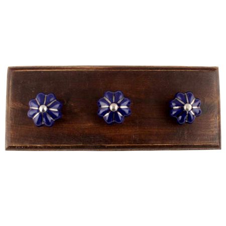 Navy Blue With Silver Line Medium Ceramic Melon Wooden Hooks